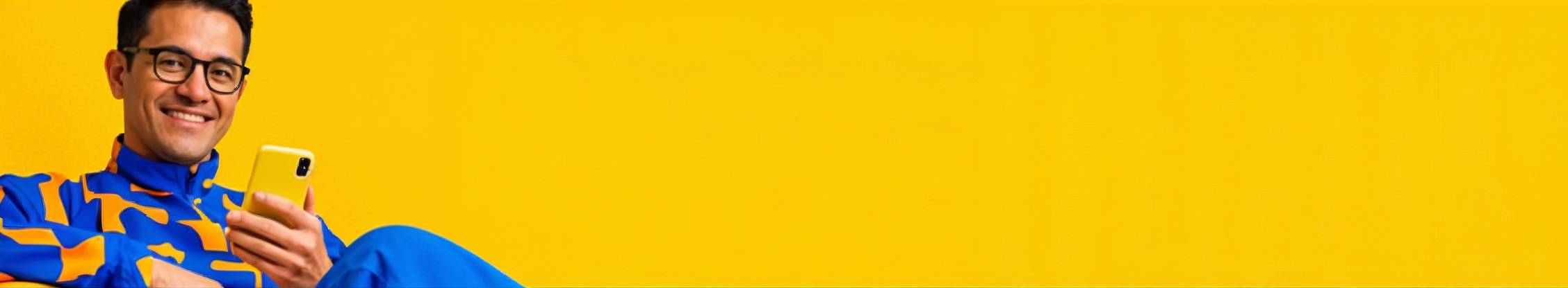 Hombre sentado en un sillón amarillo mirando su teléfono