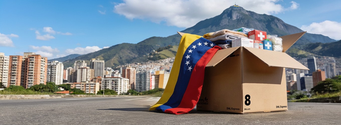 Caja DHL Express con productos y la bandera de Venezuela frente al cerro Ávila