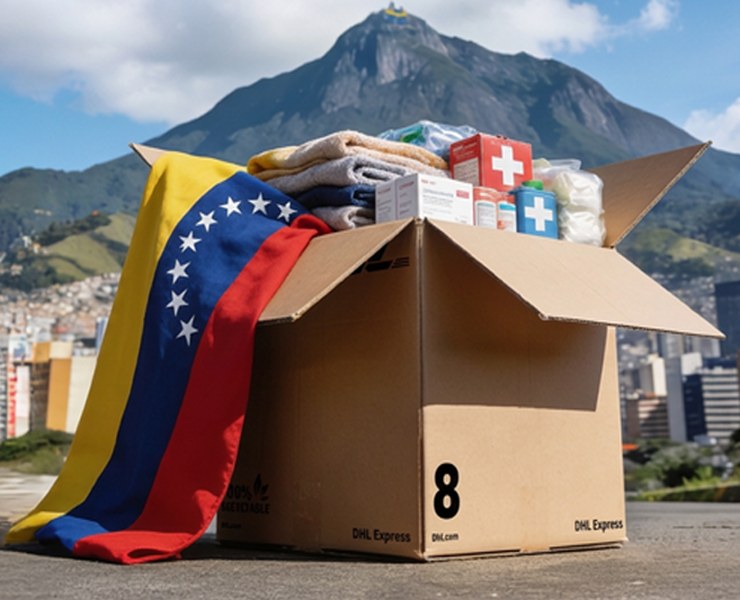 Caja DHL Express con productos y la bandera de Venezuela frente al cerro Ávila