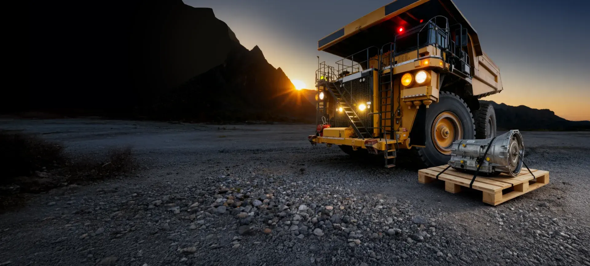Camión minero de acarreo al atardecer con un repuesto de gran tamaño sobre tarima listo para envío con DHL Express